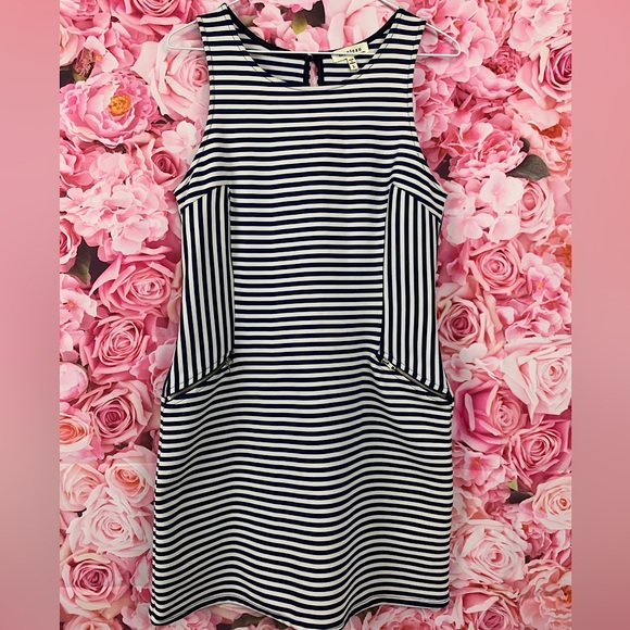 MONTEAU ⚓️navy blue and white striped midi sleeveless dress nautical - Picture 3 of 13